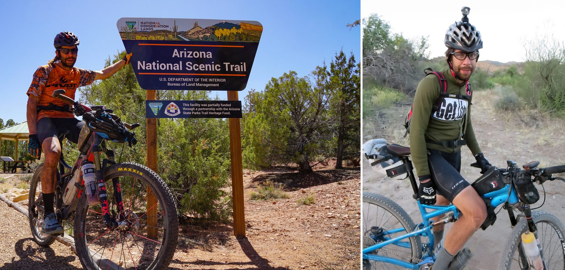 Kurt Refsnider at the finish of the AZT 750 (left) and after setting the record on the AZT 300 (right).